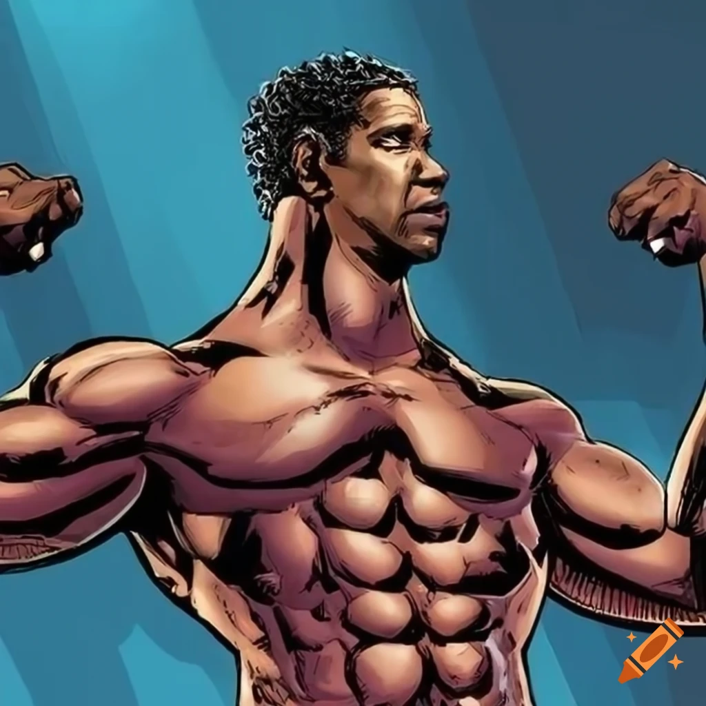 Exaggerated muscular Denzel Washington in comic book style