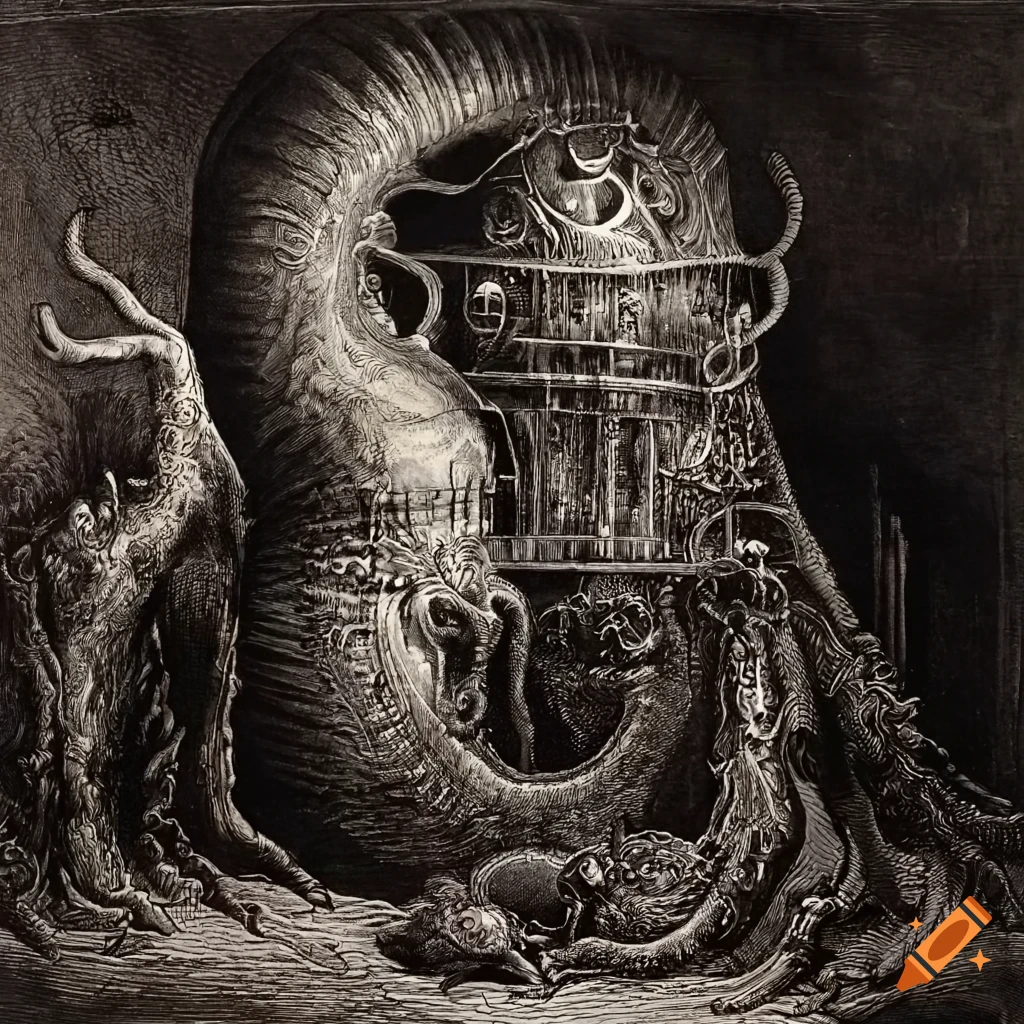 Surreal mezzotint of a steampunk underwater creature, inspired by 1970s science fiction
