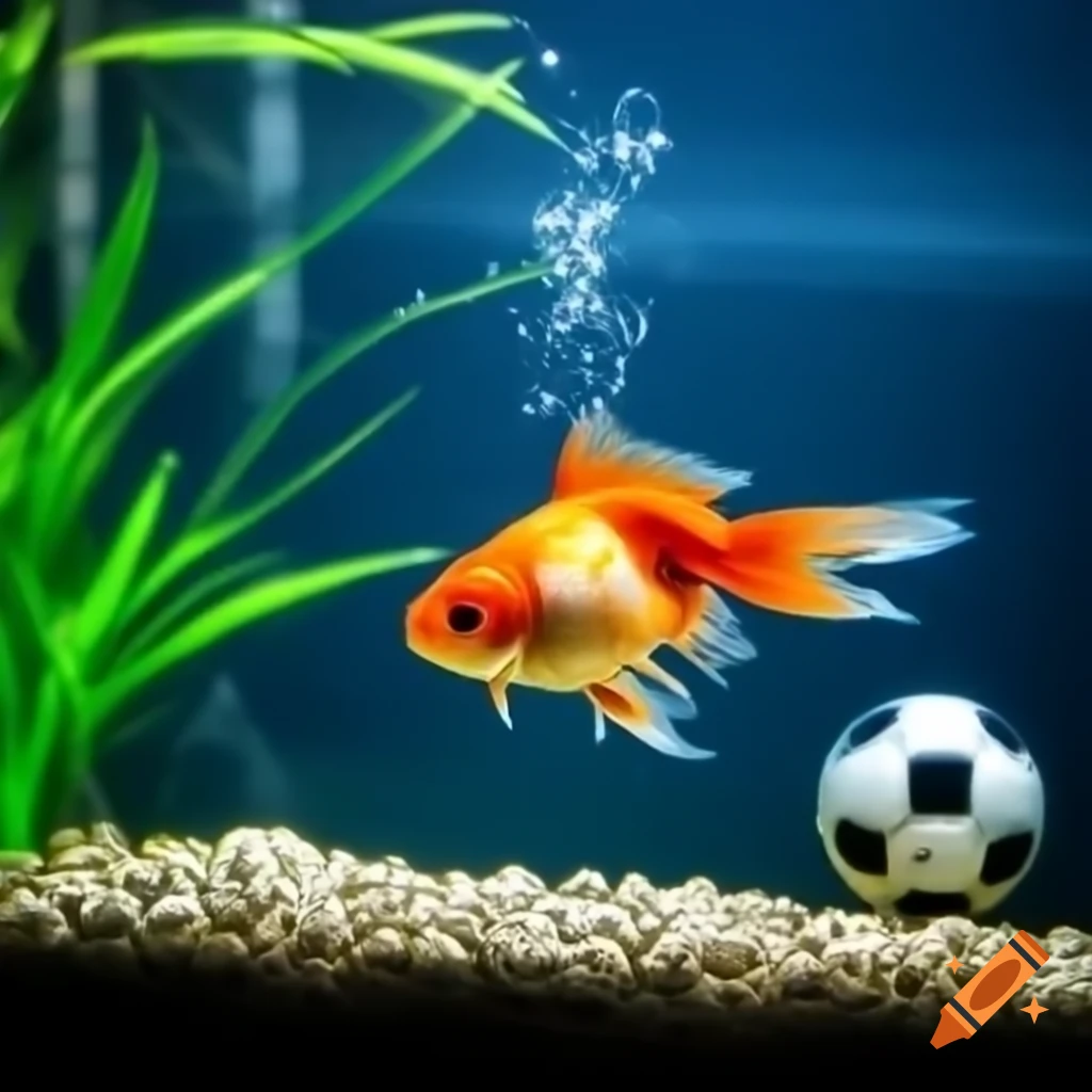 Goldfish in aquarium as goalkeeper ready to catch mini ball