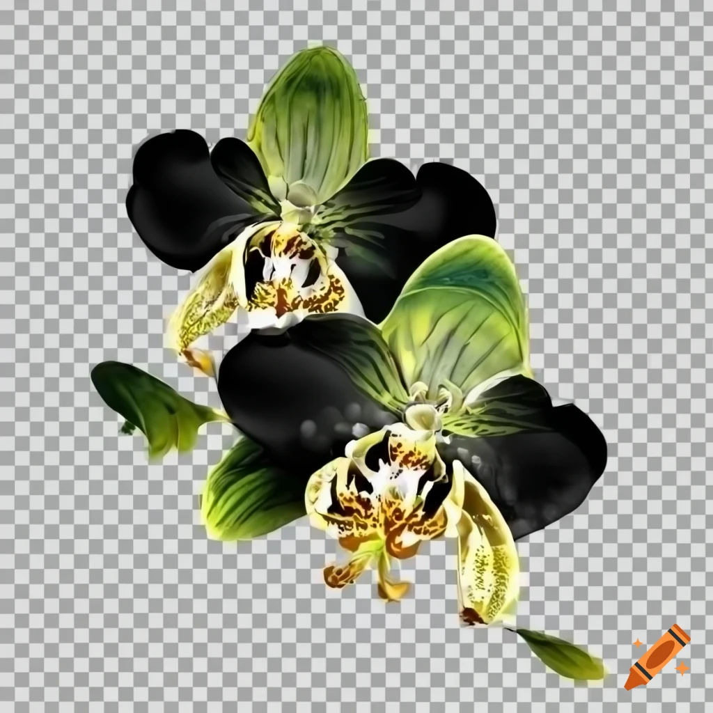Flowering orchid vine in black, white, green, and gold on transparent background in video game style