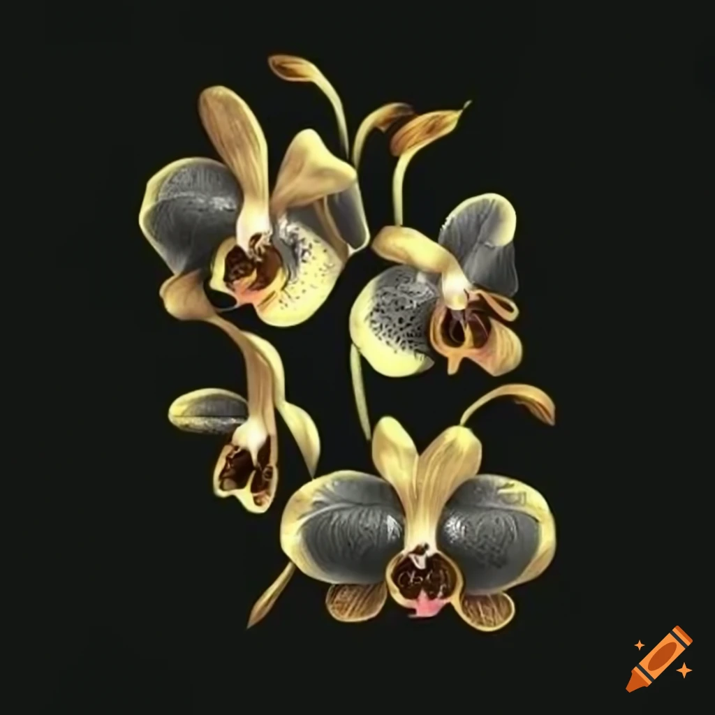 Flowering orchid vine in black, white, green, and gold on transparent background in video game style