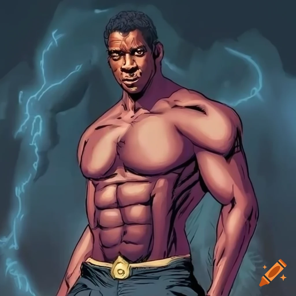 Denzel Washington with exaggerated muscles in comic book style