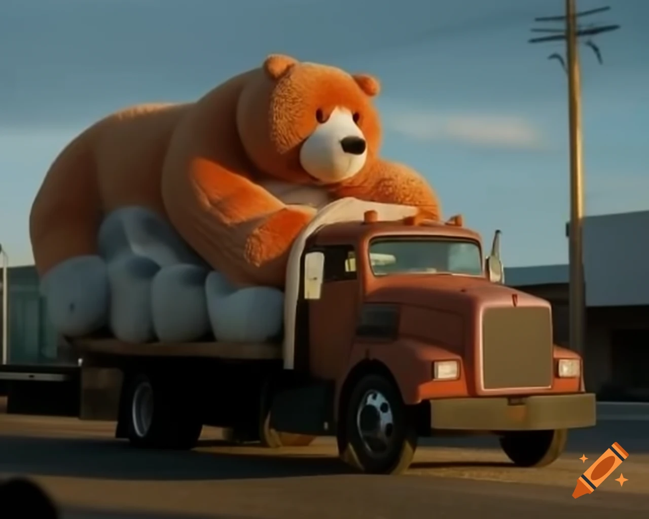 Truck transporting large stuffed animal