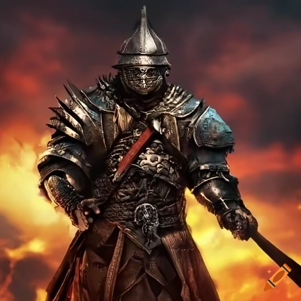 Majestic warrior standing tall on a battlefield under a dramatic sky