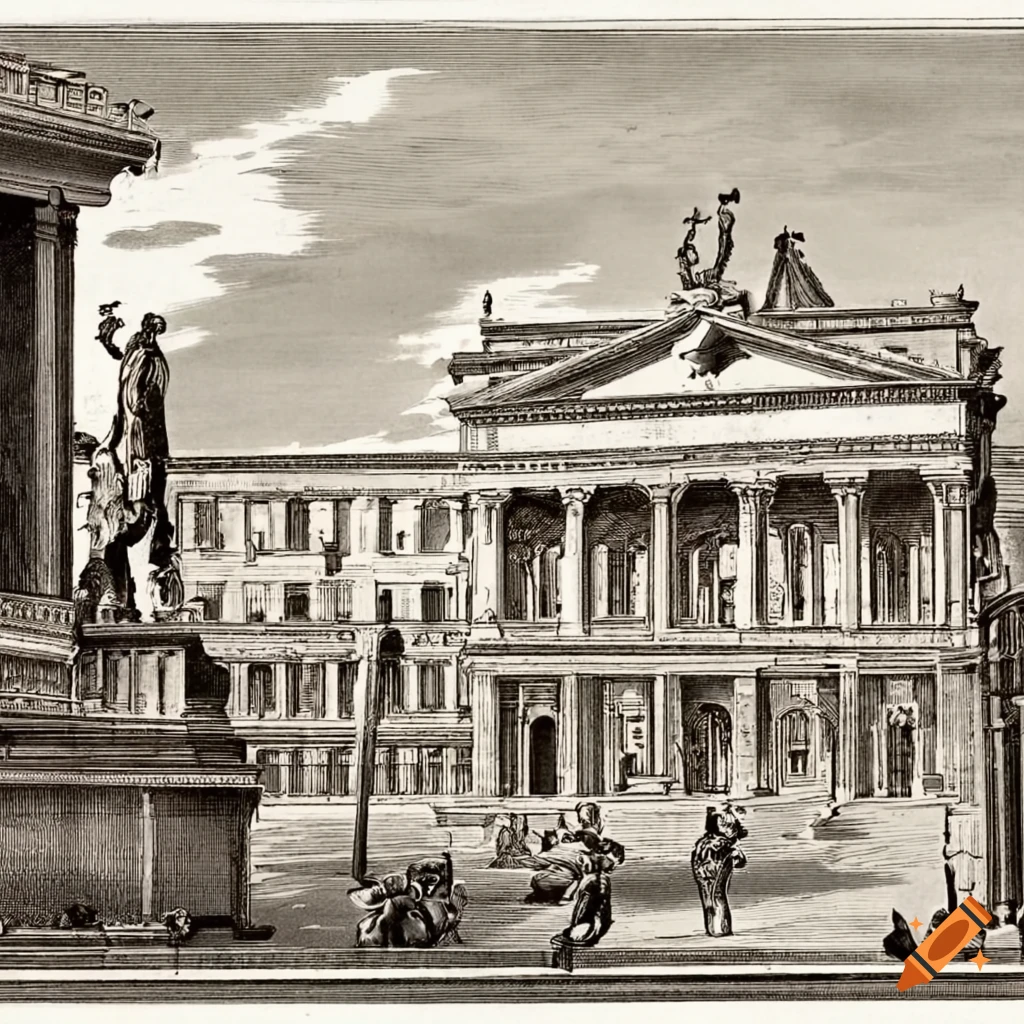 Historic illustration of ancient Rome with grand architecture and Senate