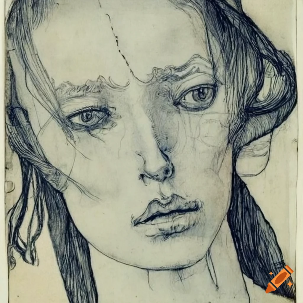 Intriguing woman with wavy hair in shades of blue, inspired by artists like Bellmer, Rockwell, Schiele, Bacon, and Durer