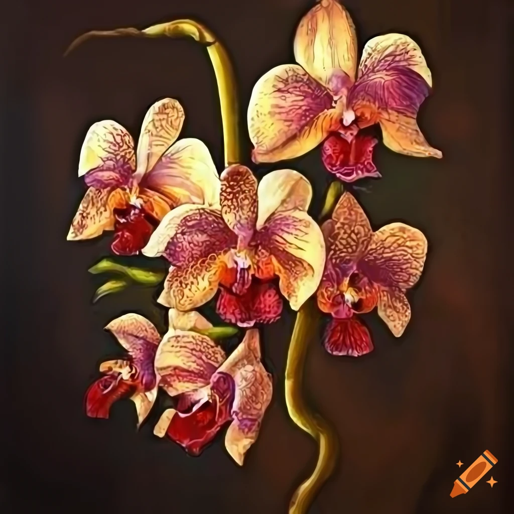 Orchids in Sandro Botticelli style on a transparent background with a video game twist