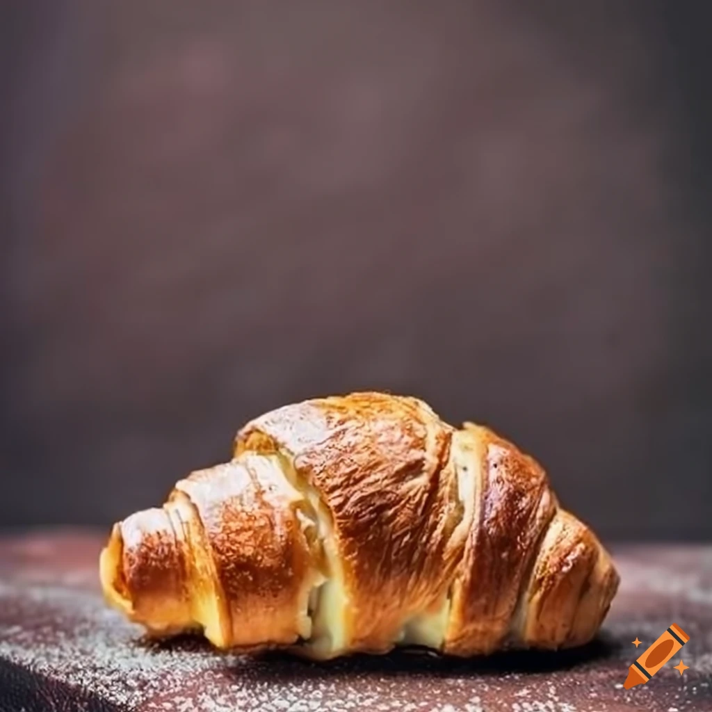 Close-up of a freshly baked golden-brown croissant with flaky layers