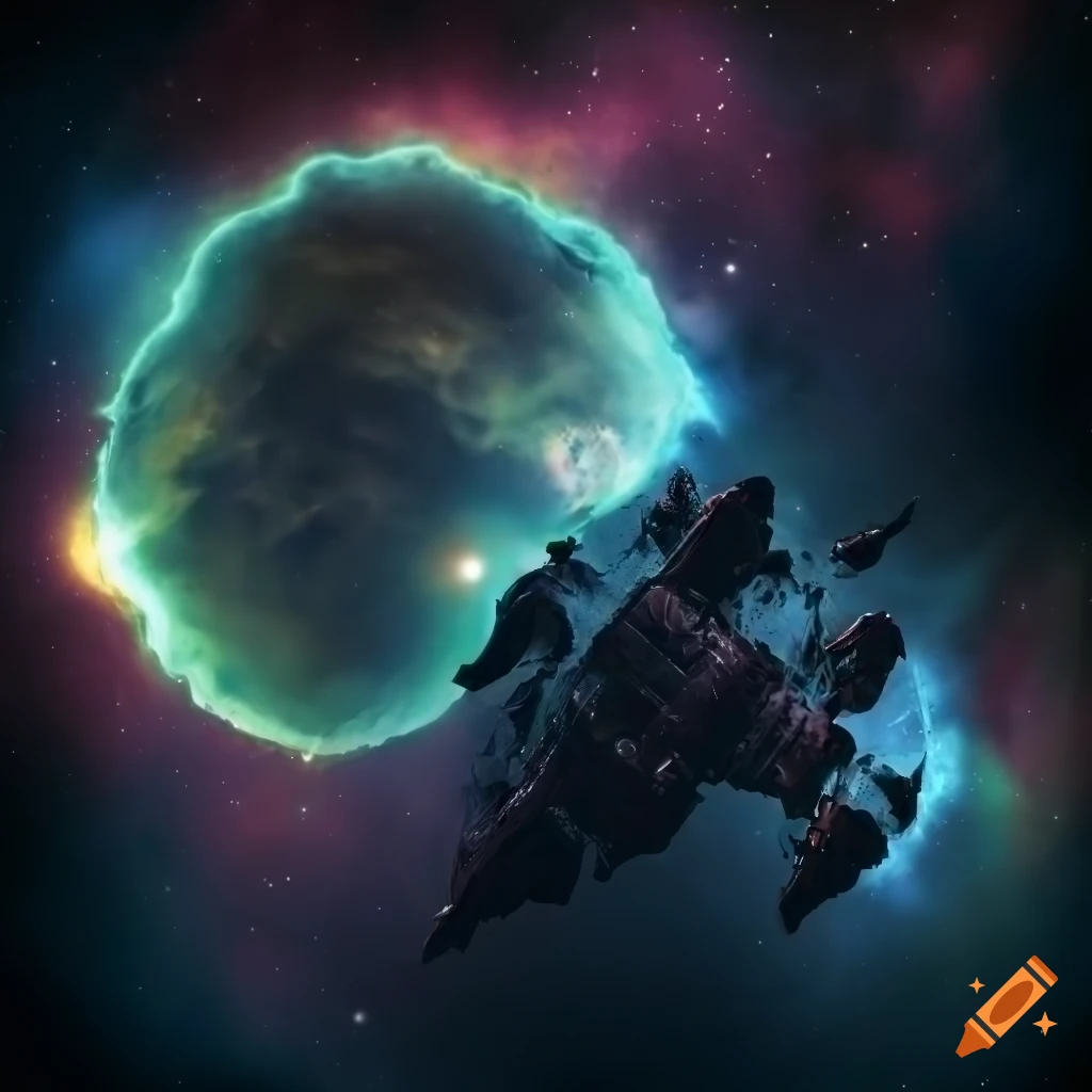 Orca ship from Eve Online in a vibrant galaxy with colorful nebula