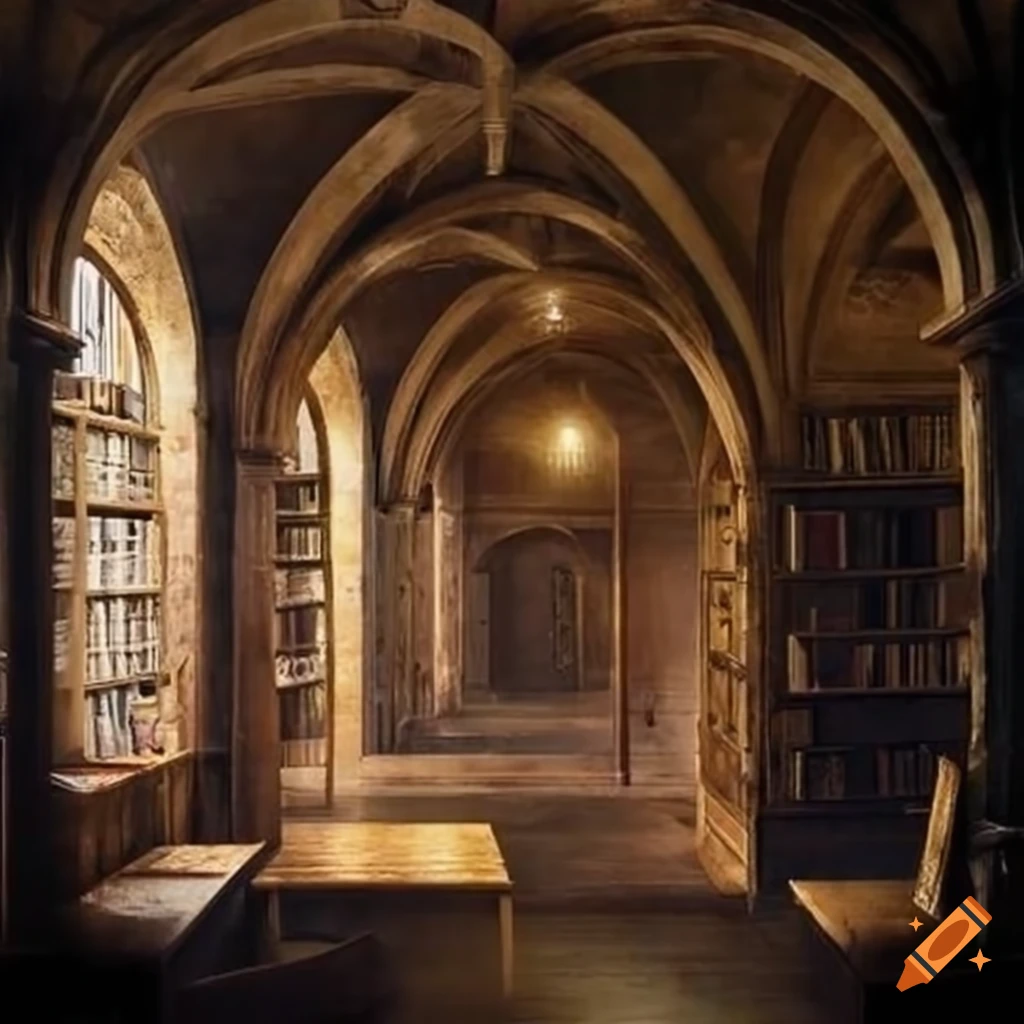 Medieval library with 7 bookshelves and a window illuminating the top