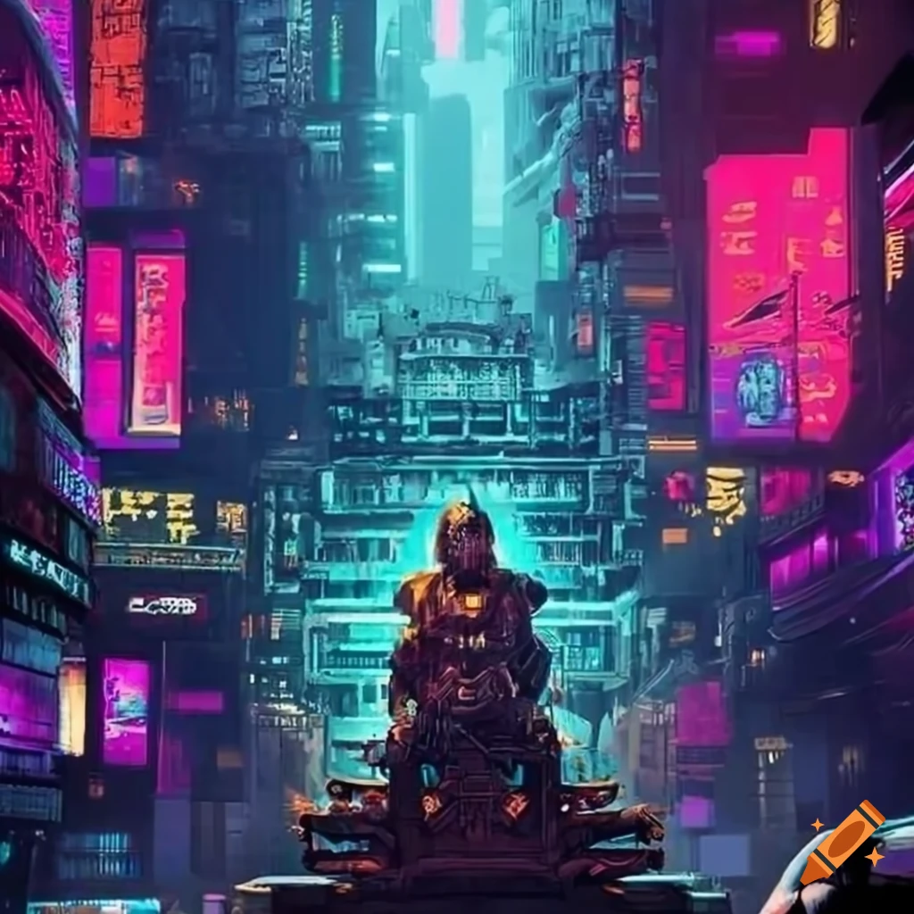 Child king on massive throne in cyberpunk city