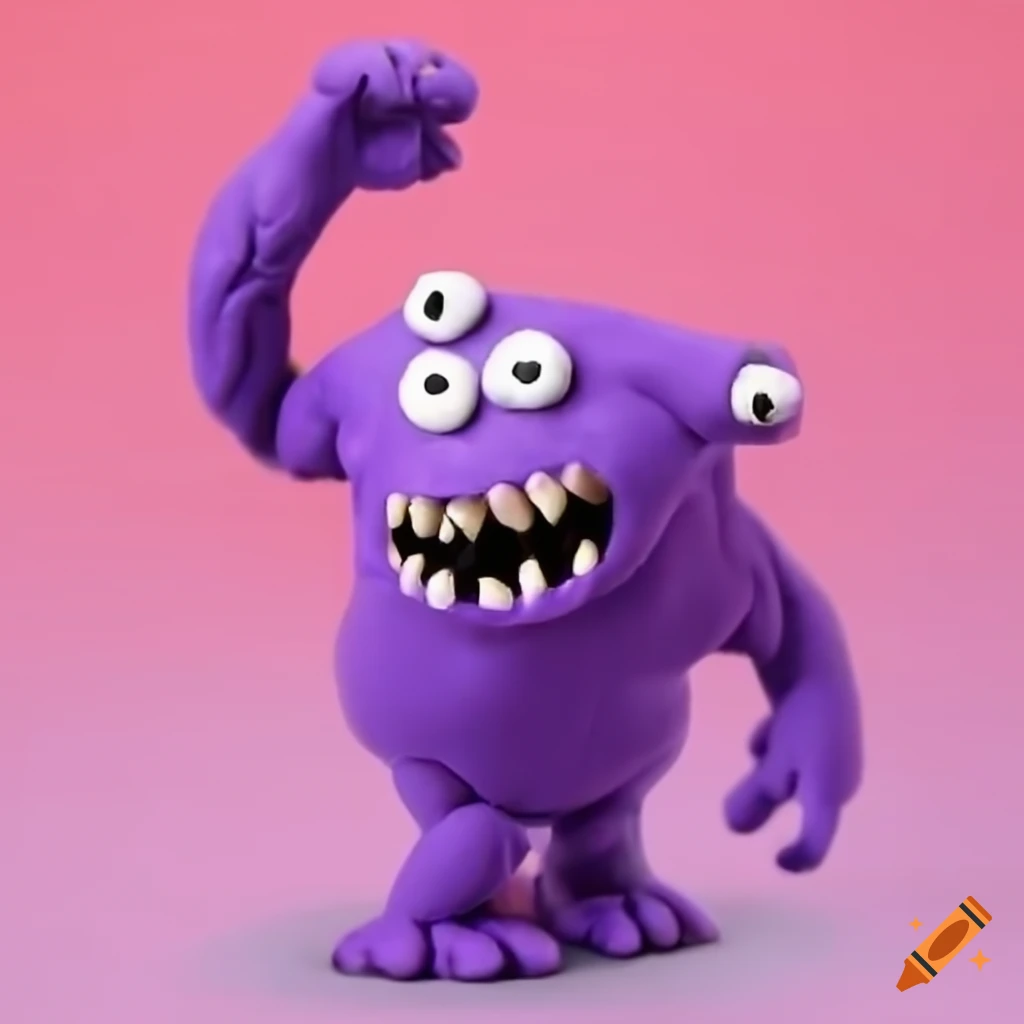 One-eyed purple monster in a fighting pose in claymation style