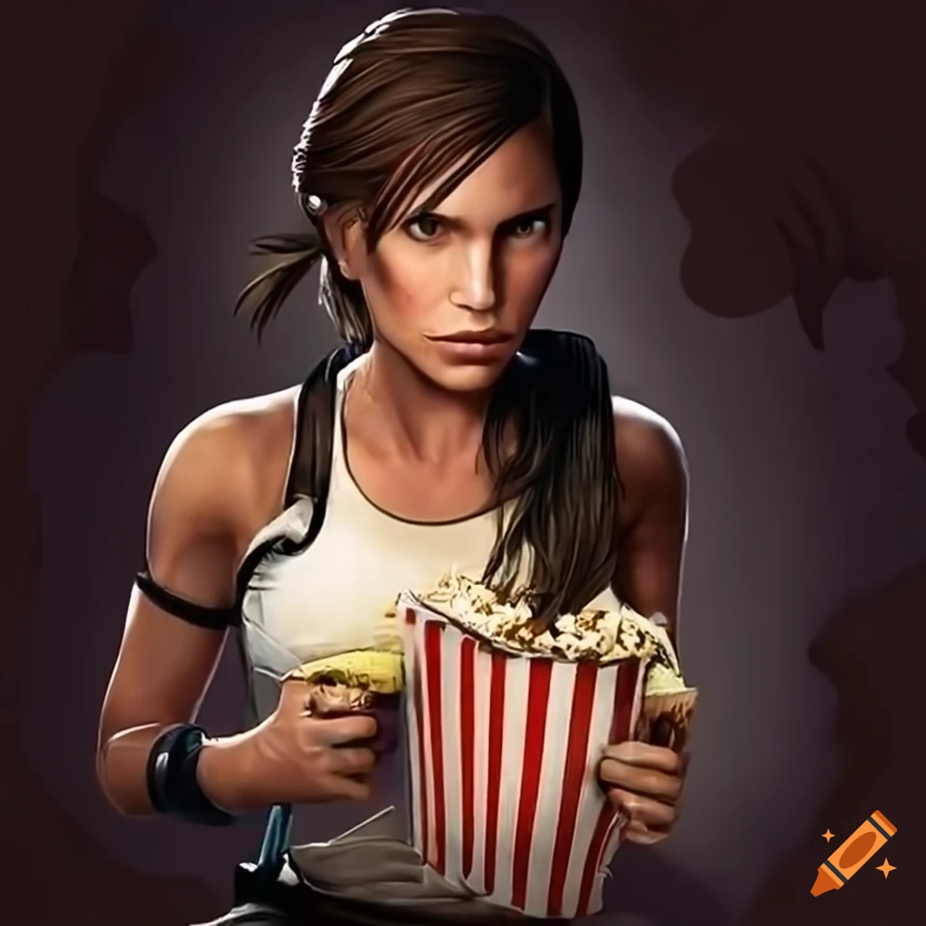 Lara Croft enjoying popcorn while watching a movie