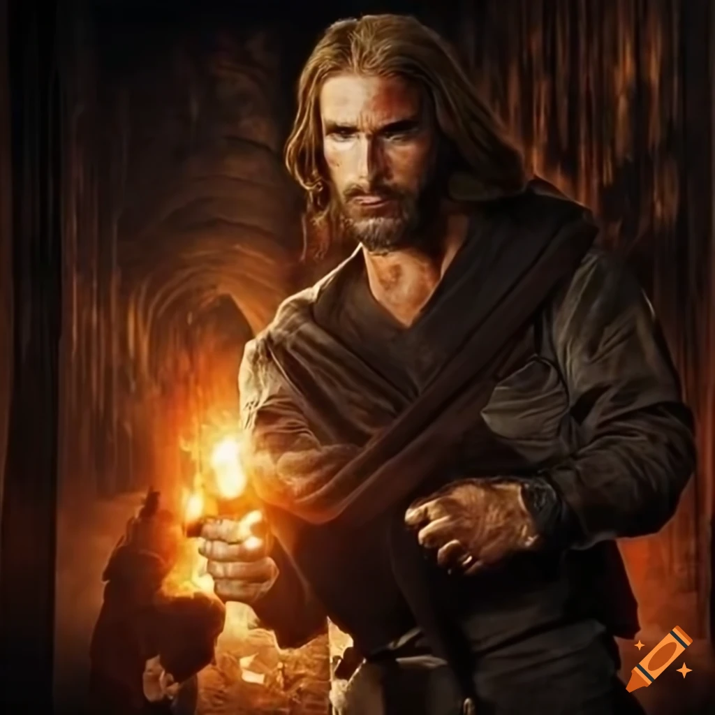 Poster for an action movie featuring Jesus in heroic explosions