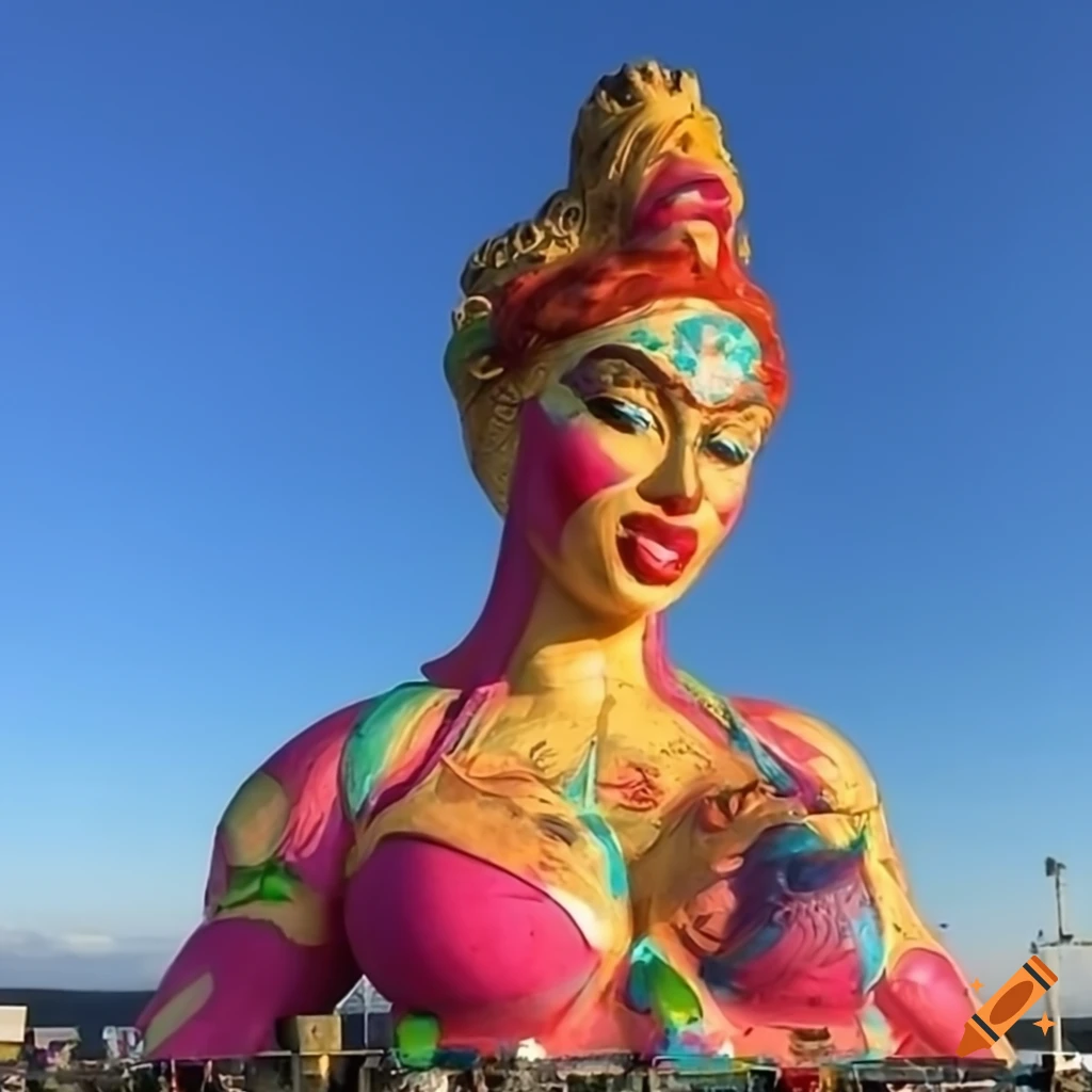 Close-up of a painted giant goddess statue landmark by the shore city