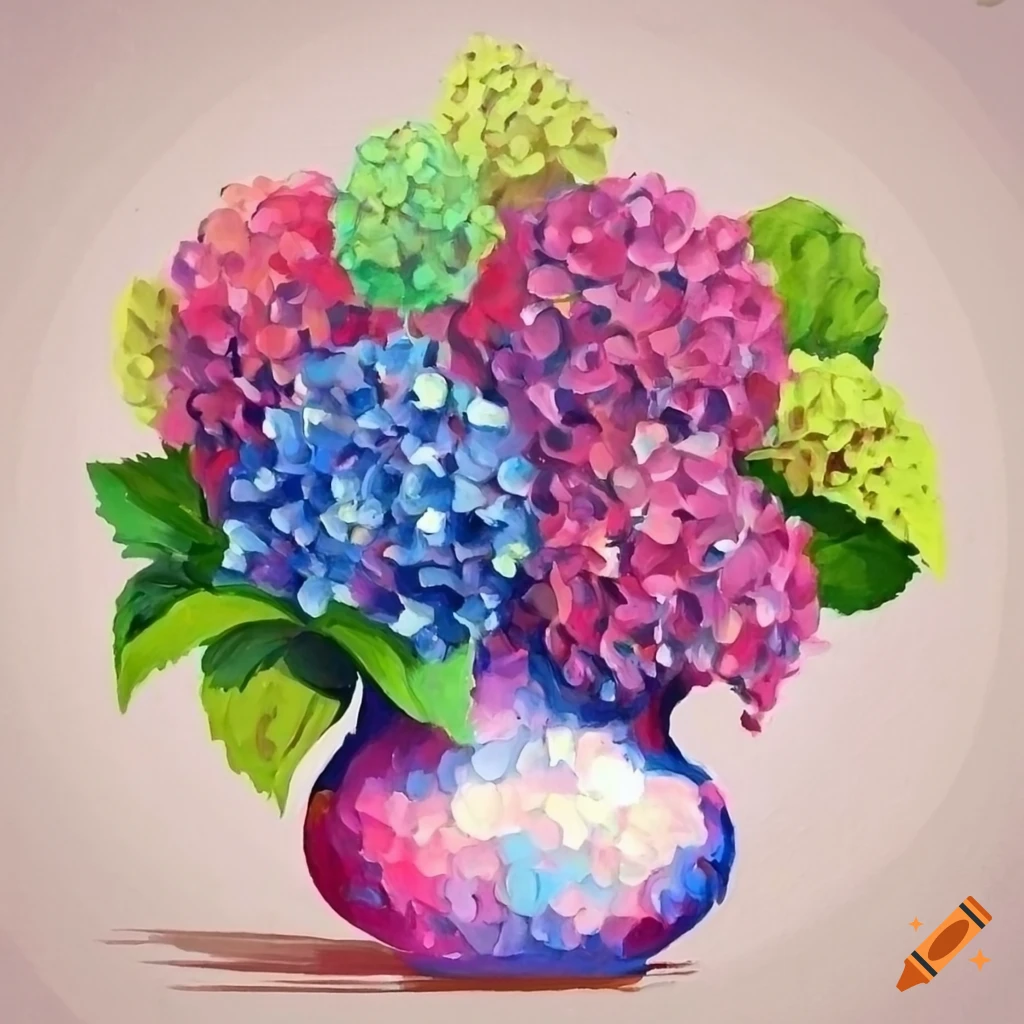 Colorful hydrangeas in a porcelain vase oil painting