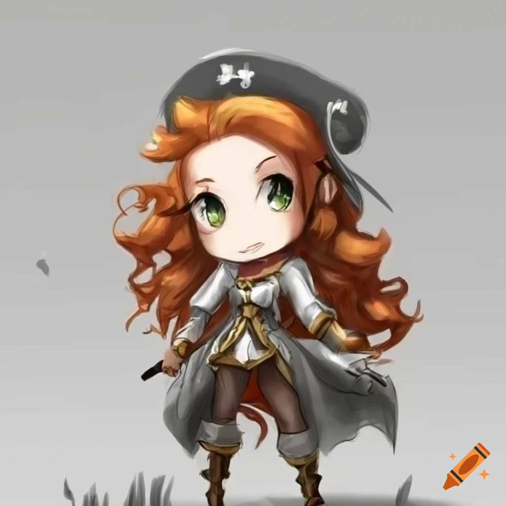 Concept art of chibi anime female pirate with long auburn hair and detailed costume