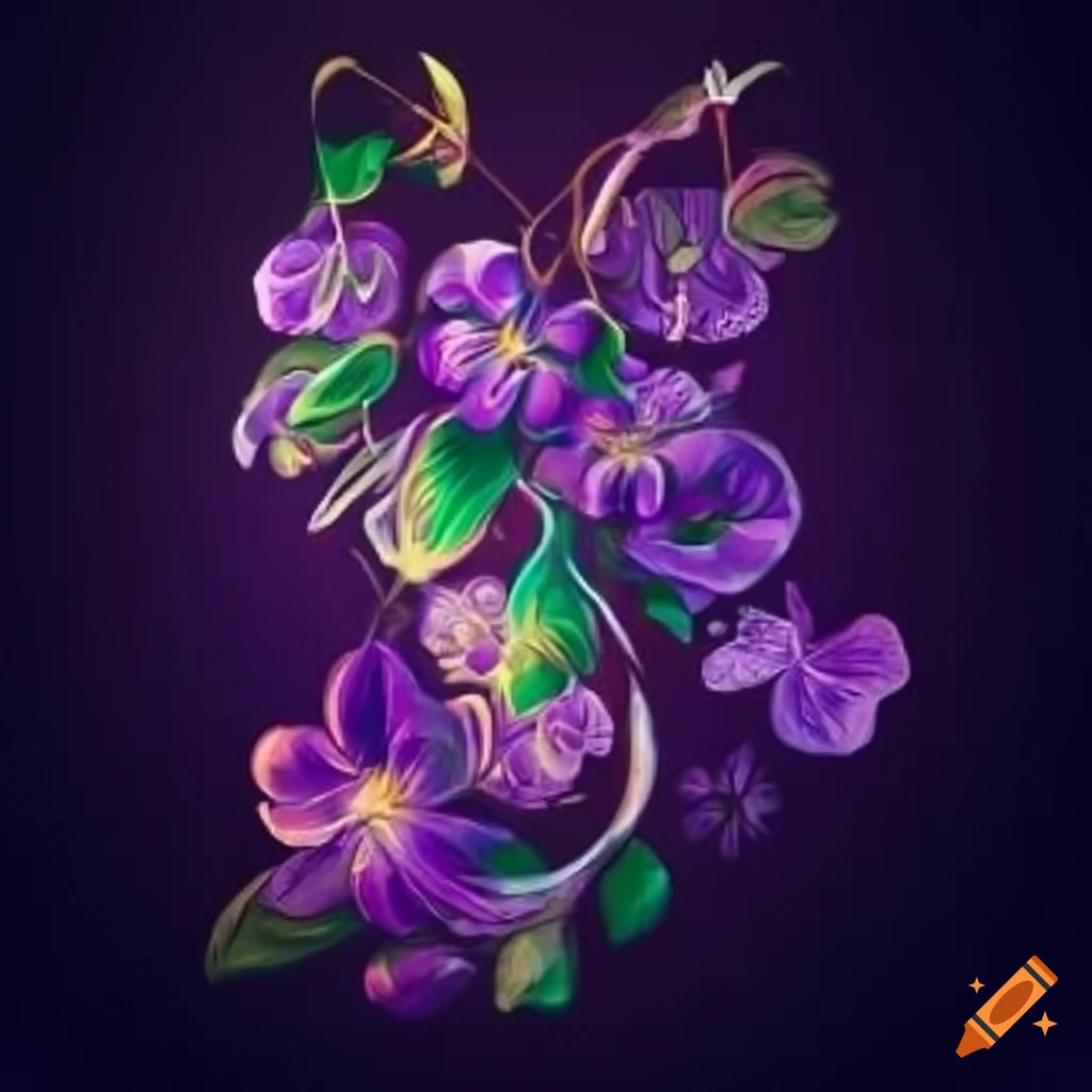Purple green gold flowering vine in video game style on transparent background