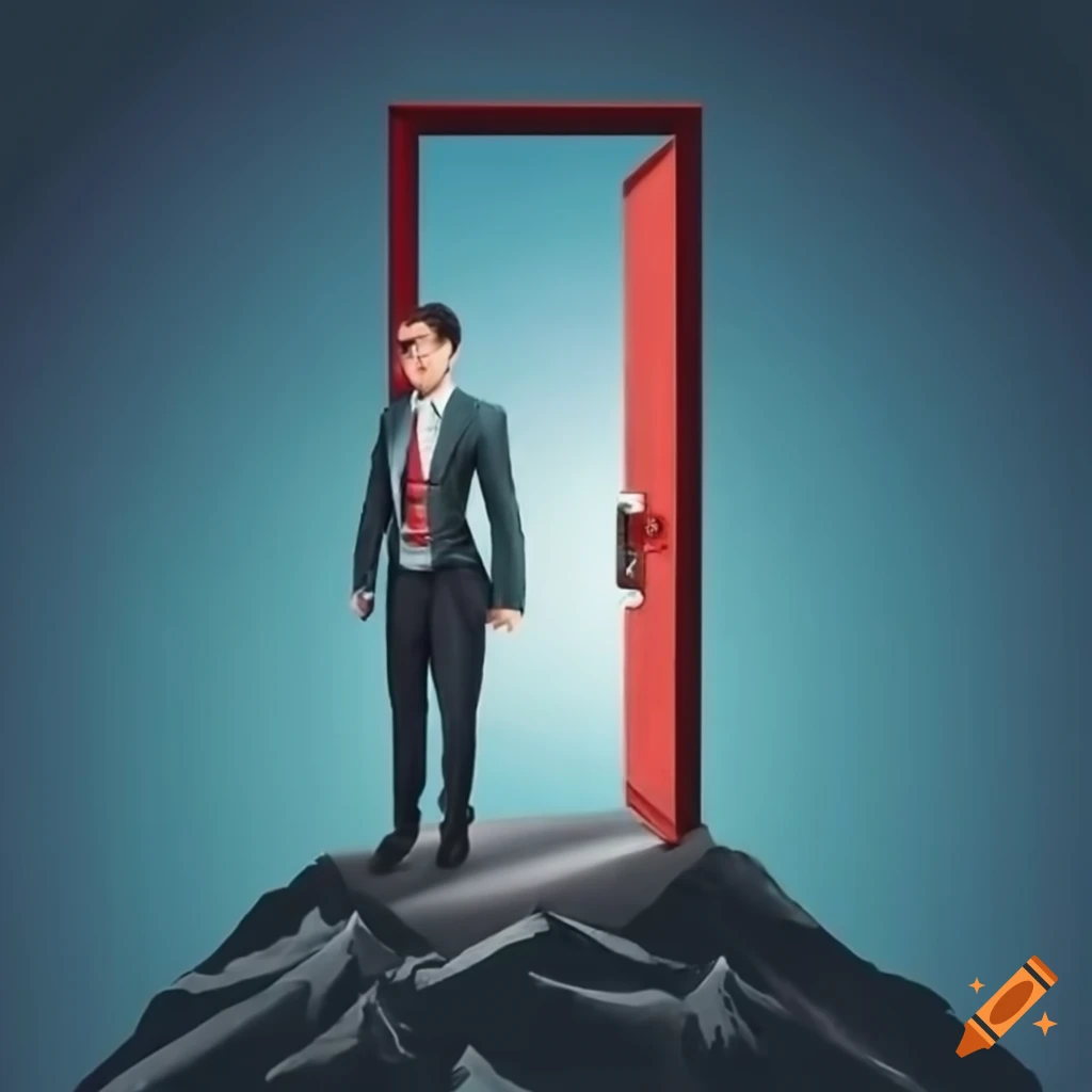 Businessman looking at open door of chance with keyhole and red flag on mountain peak symbolizing business vision and success