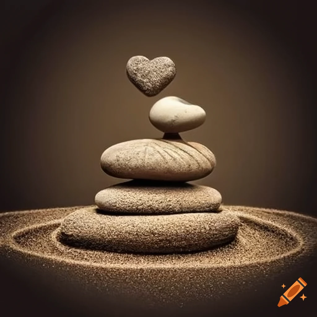 Zen garden with hearts drawn in sand