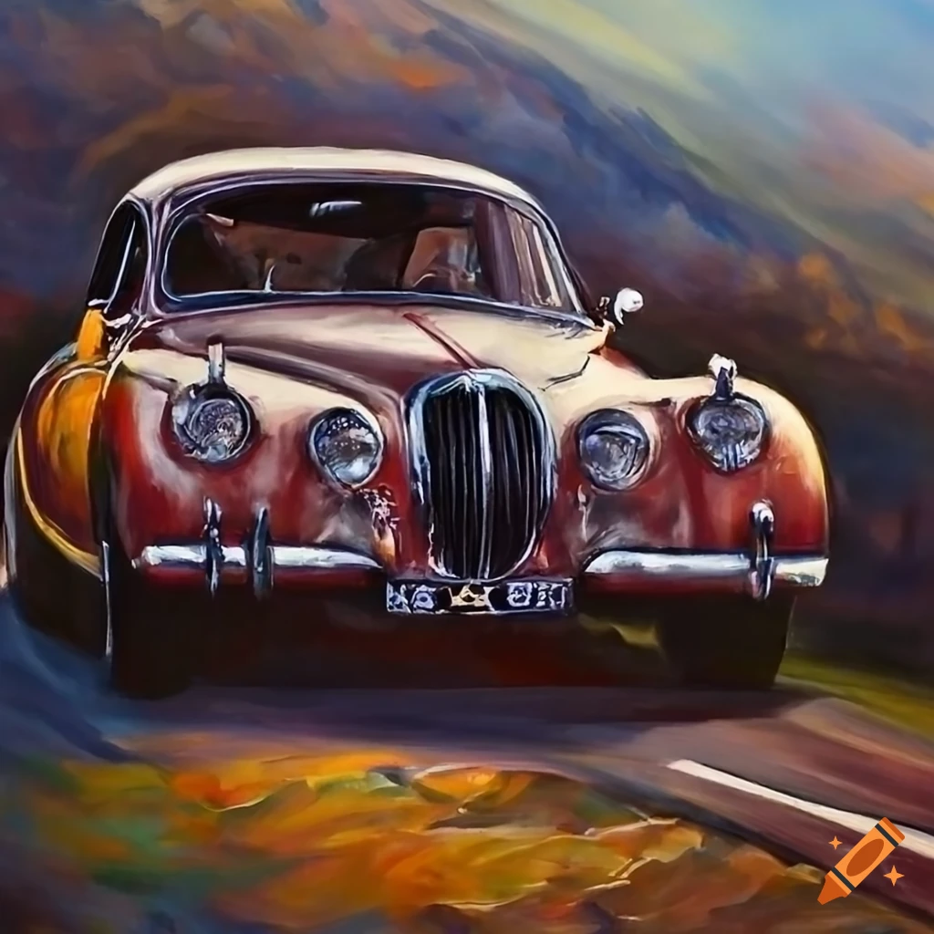 Vintage Jaguar MK2 driving on a winding road with a side panorama view
