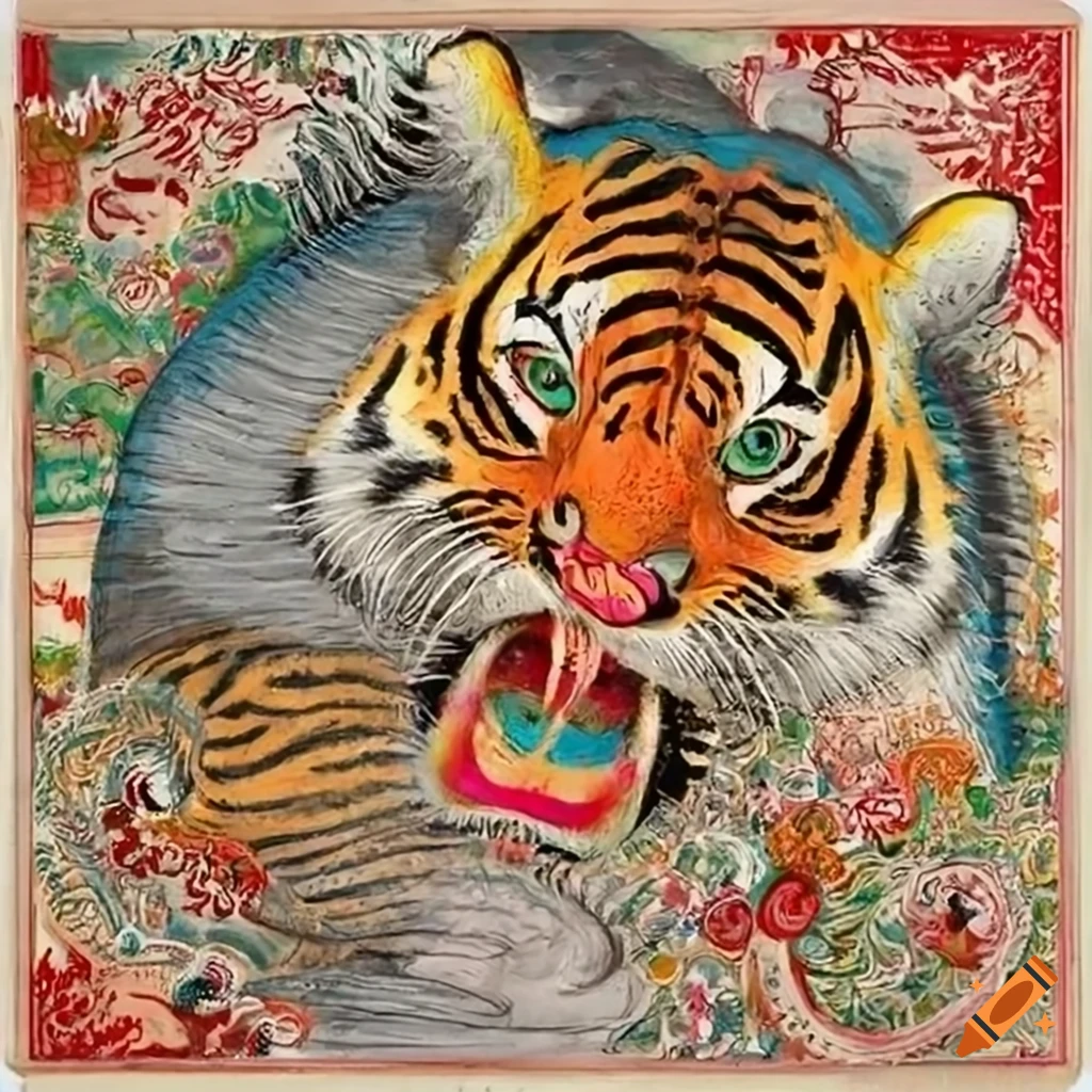 Masterful painting of a tiger in traditional Hang Trong technique at a bustling market