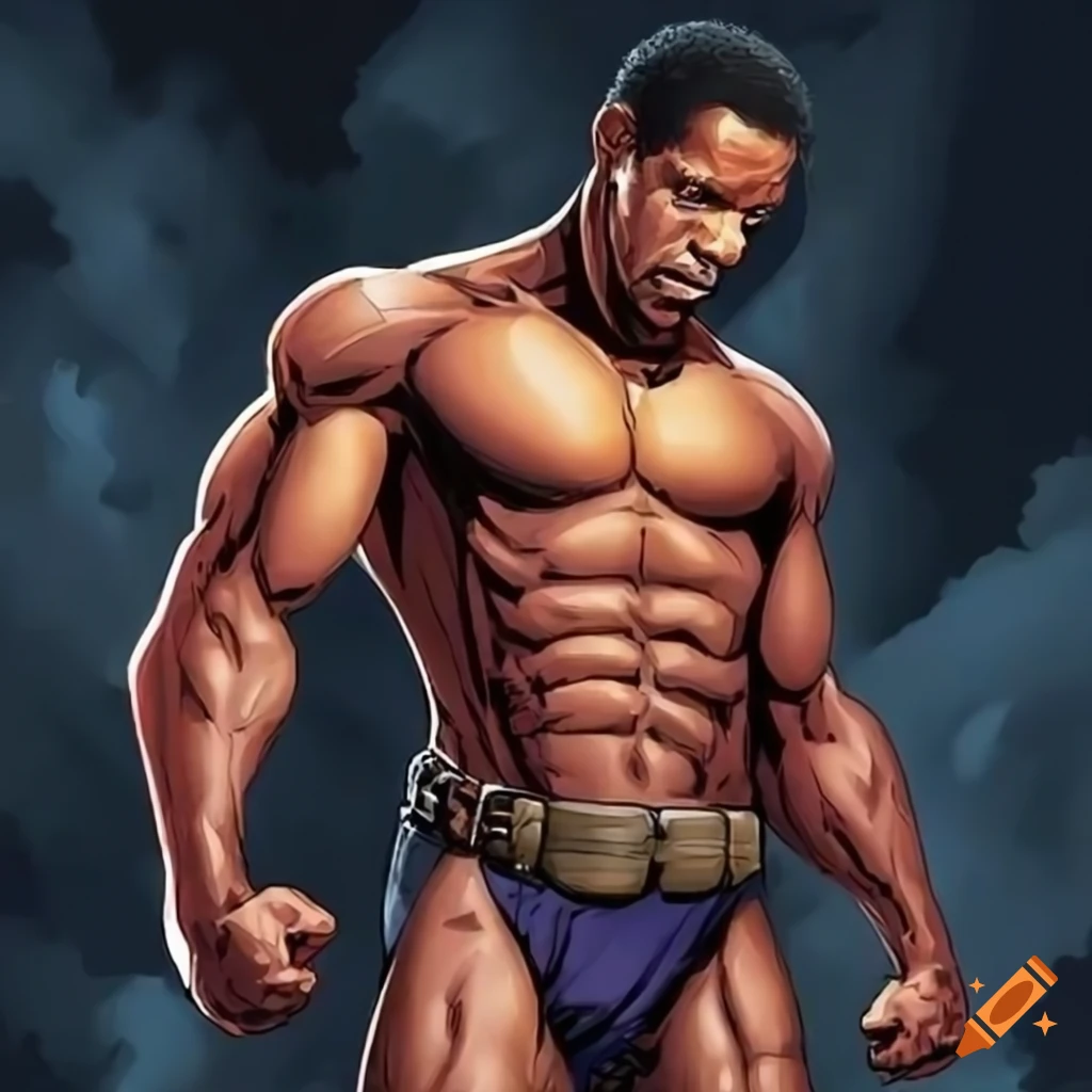 Exaggerated muscular Denzel Washington in comic book style