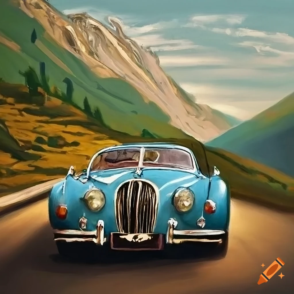 Vintage Jaguar Mk2 driving on a winding road with a panoramic view, inspired by John Ketchel