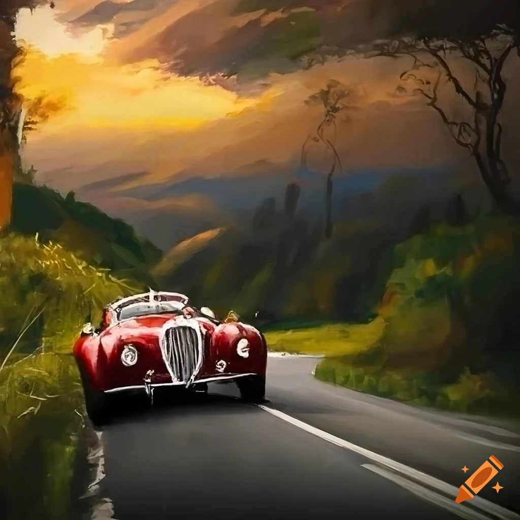 Vintage Jaguar Mk2 driving on a long winding road with a panoramic side view