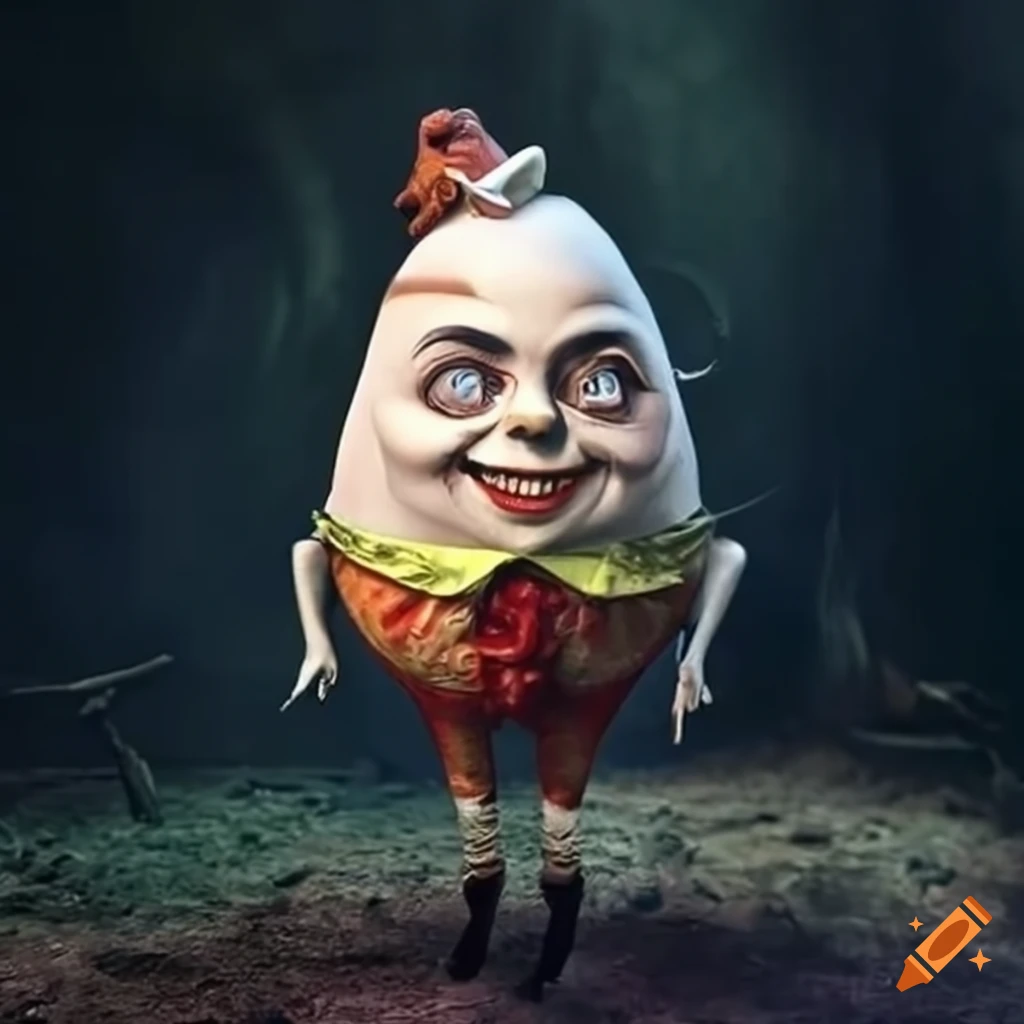 Humpty dumpty in a horror setting inspired by alice in wonderland on Craiyon