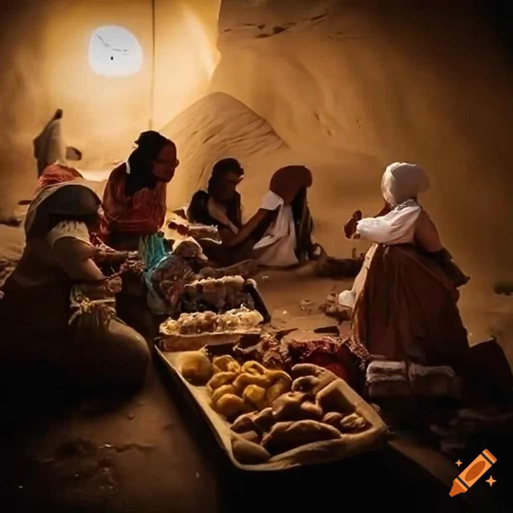 Group of people trading in ancient Egypt desert trail