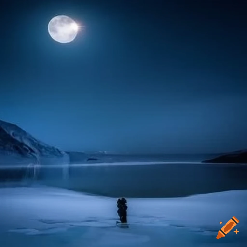 Ice-covered world under brilliant moonlight