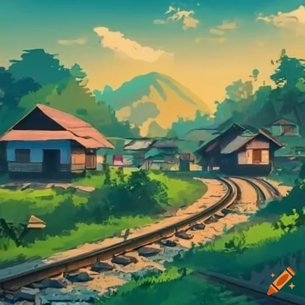 Small village with wooden houses near a railway track and hill in Vietnamese style