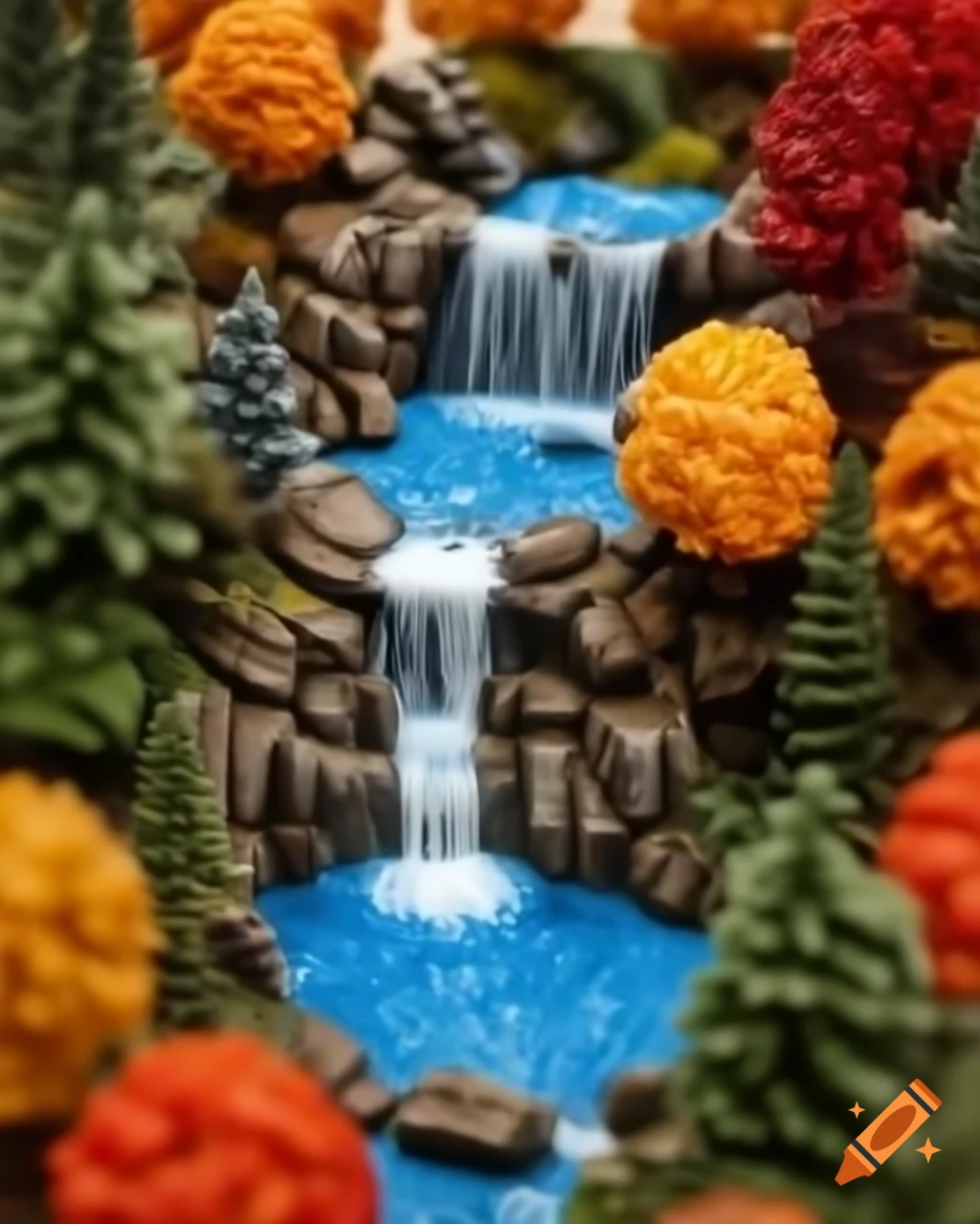 Ultra miniature diorama featuring a waterfall and lake in autumn