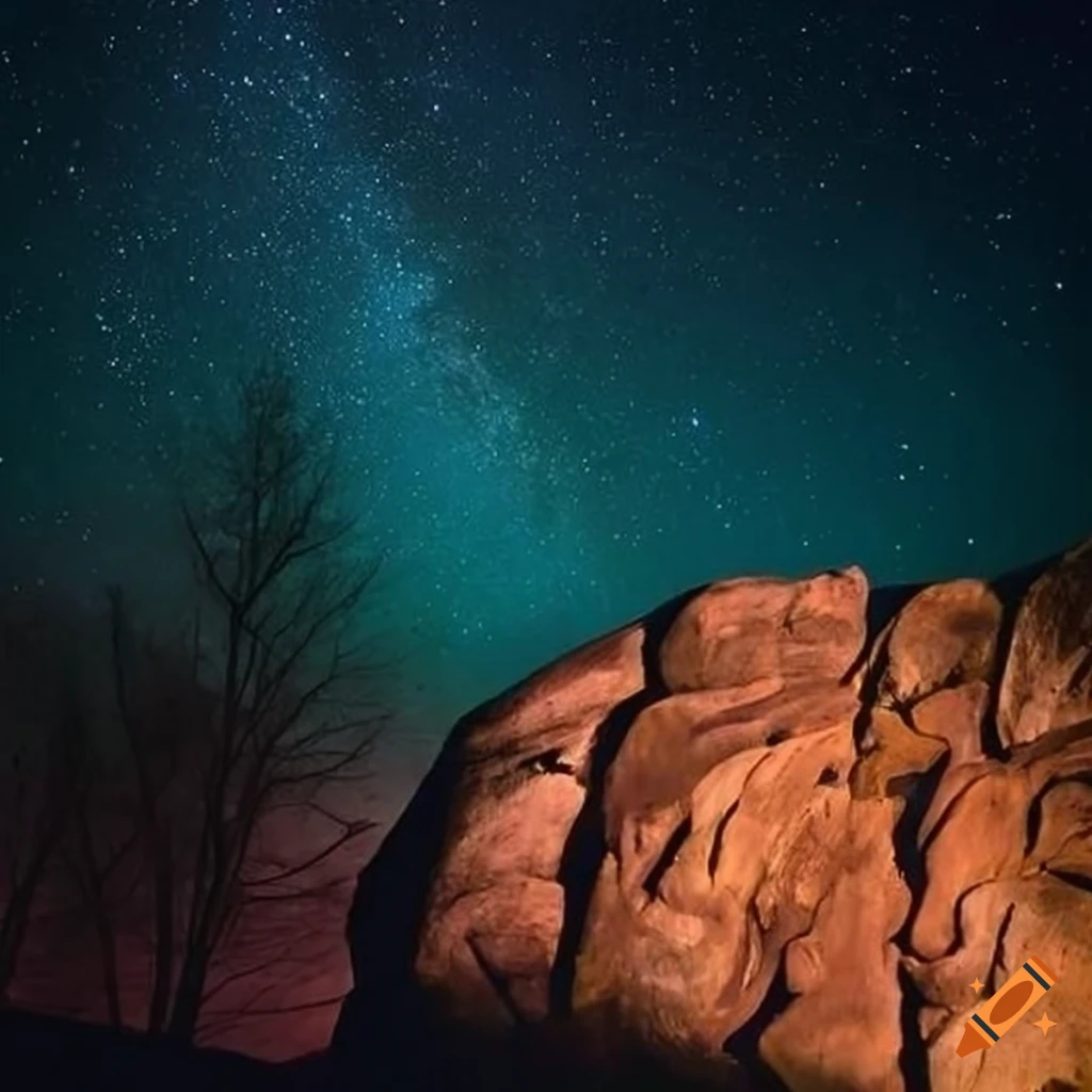 Catskill rocks and boulders among trees at night