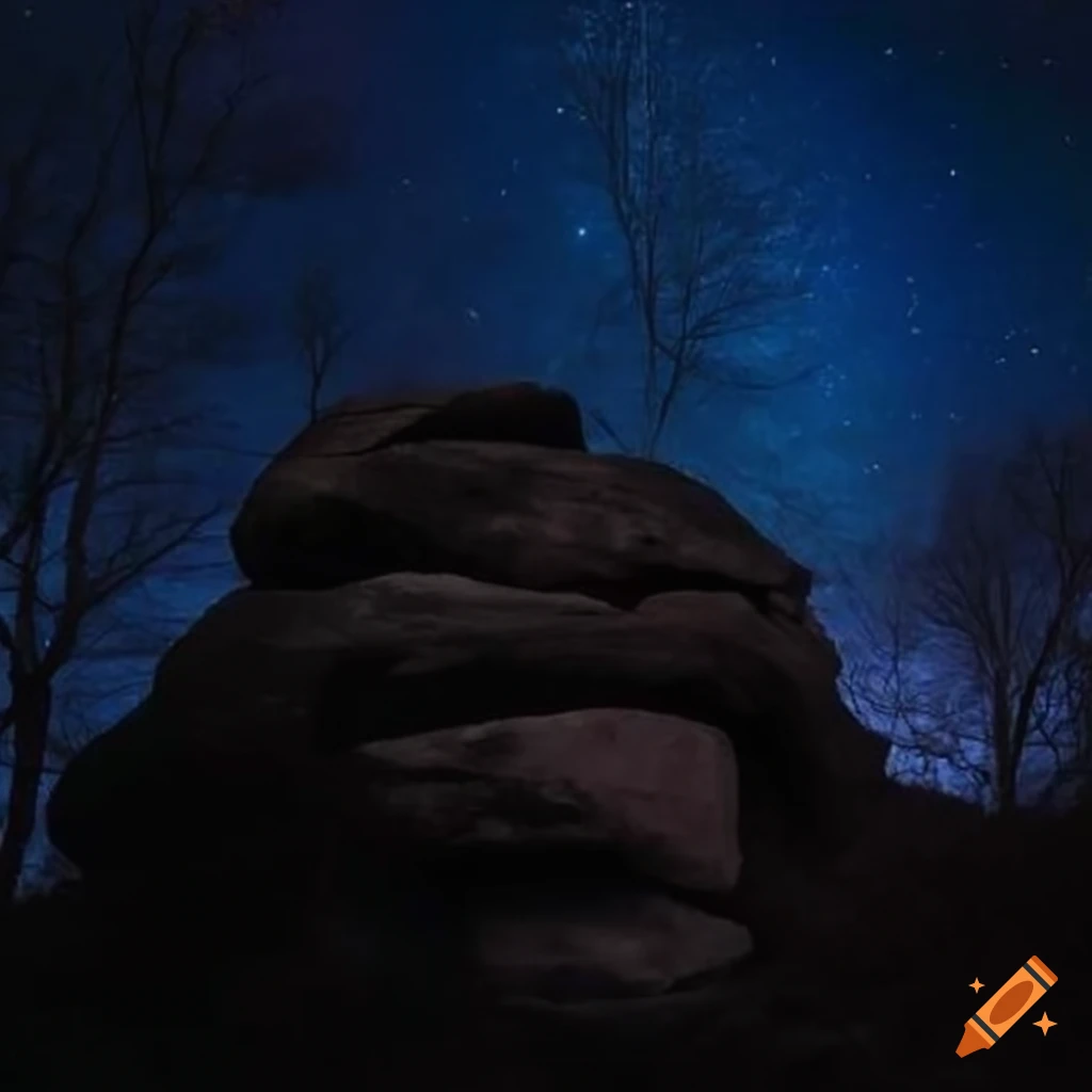 Catskill rocks and boulders among trees at night