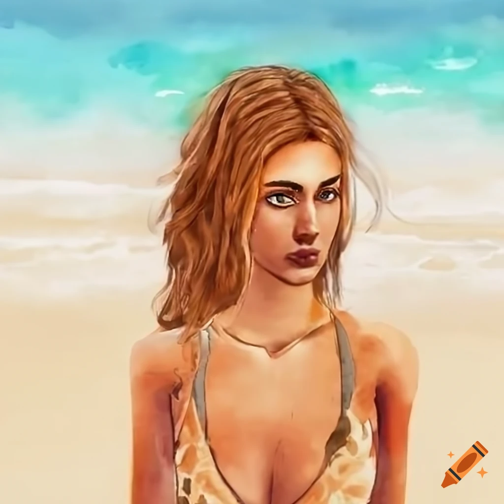 Boho woman at the beach in a Sims style