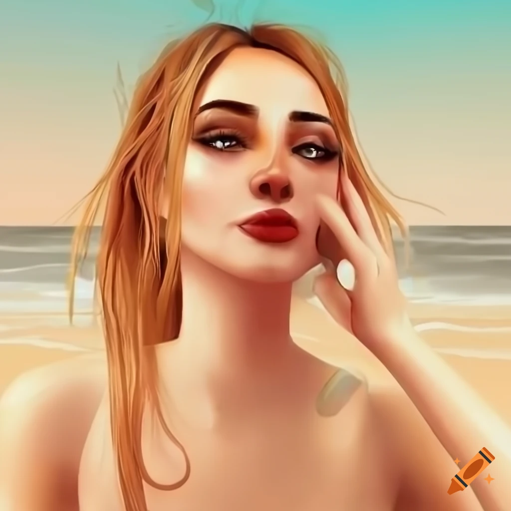 Boho woman enjoying the beach in a Sims-style setting