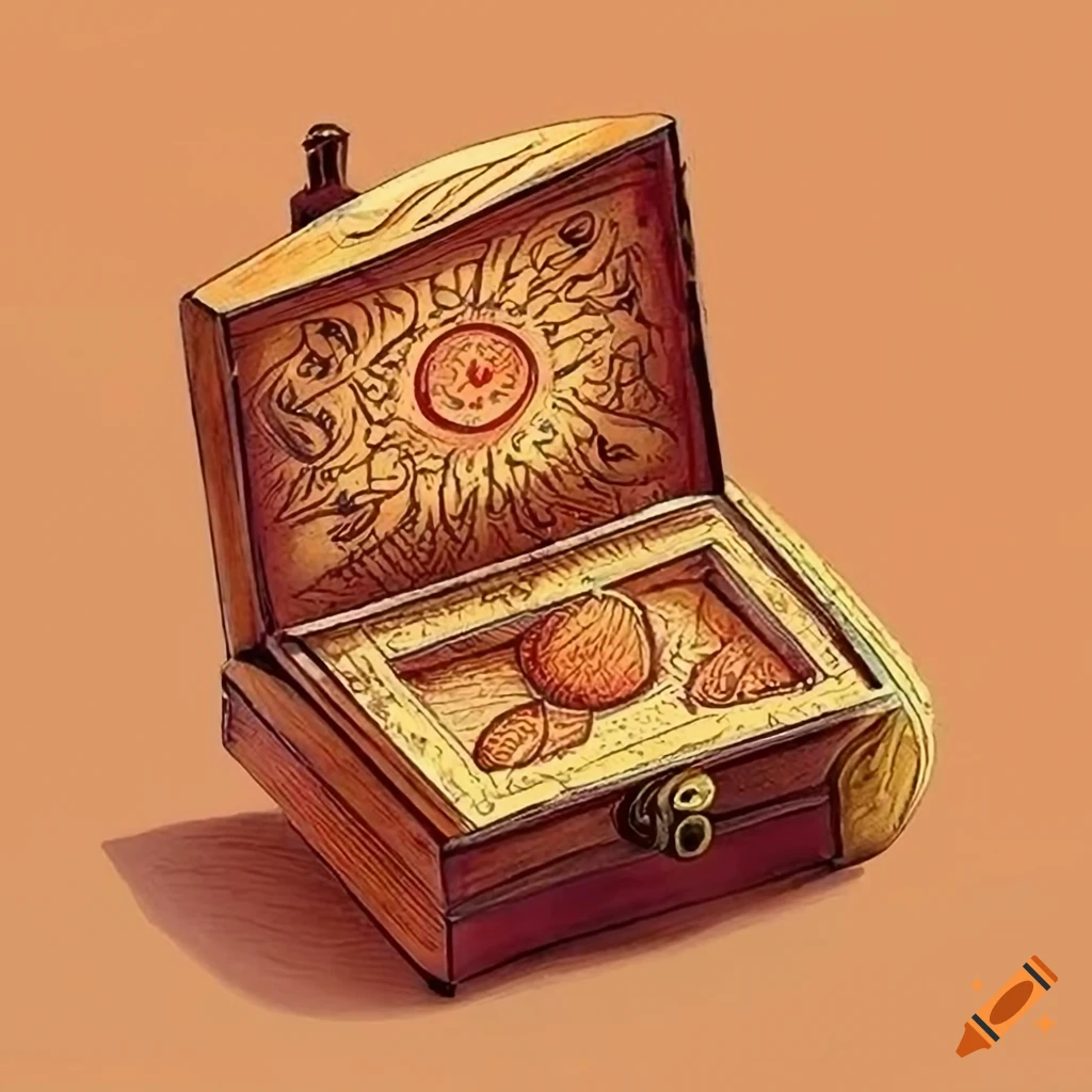 Whimsical hand-drawn wooden box revealing tarot cards for 'Authentic Products' symbol