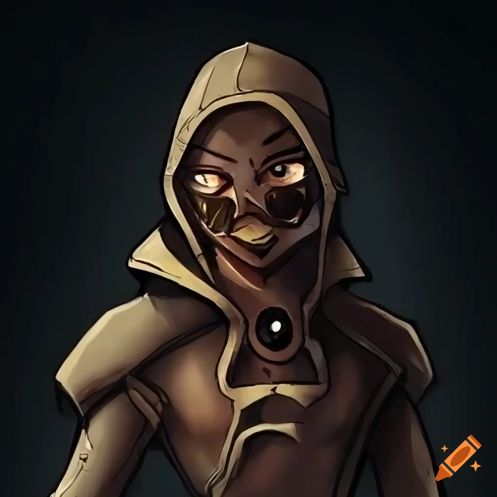 Hooded boy with cyborg features and brass skin, inspired by Tangled the series