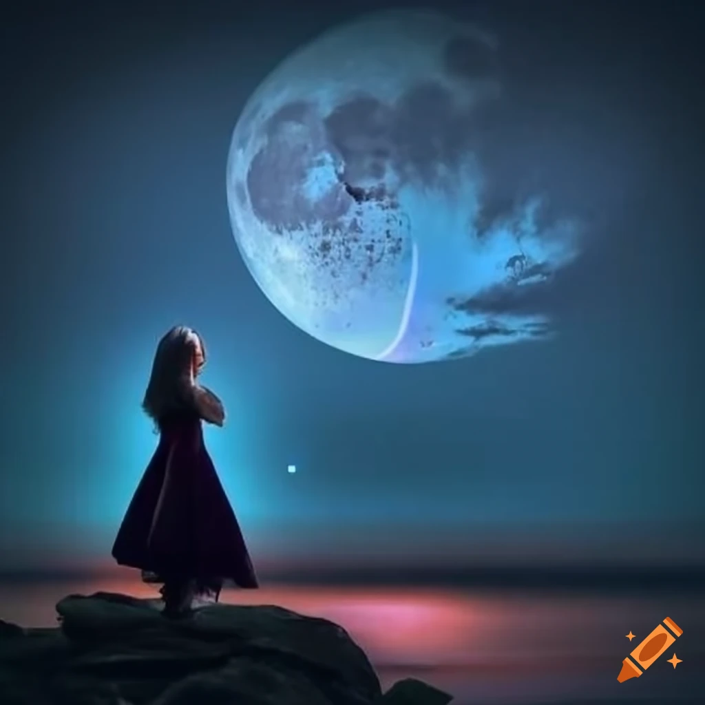 Woman gazing up through blue flames under the moonlight
