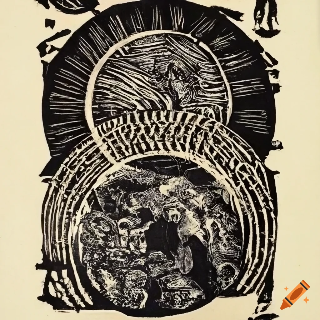 Esoteric dada collage linocut of the nine circles of hell
