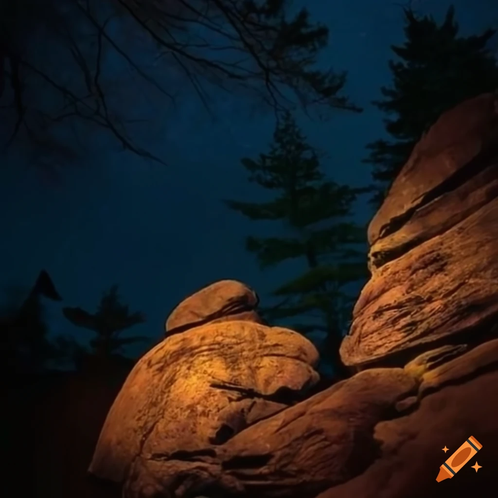 Catskill rocks and boulders among trees at night