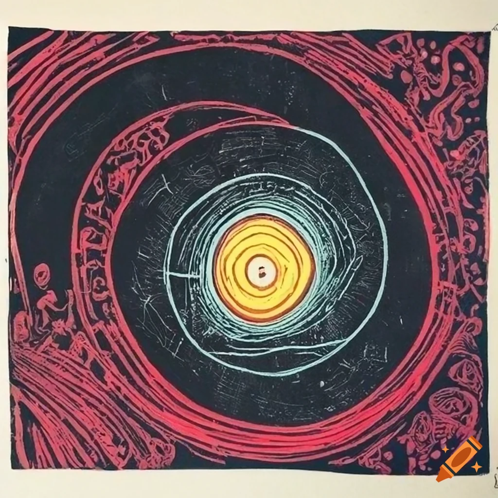 Esoteric dada collage linocut artwork of a black hole