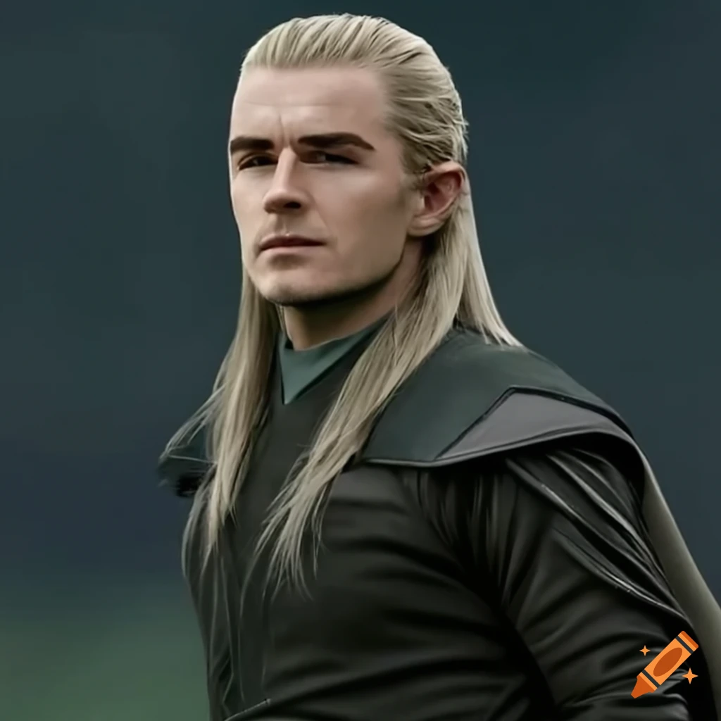 David Beckham as Legolas with long blonde hair in a photorealistic style
