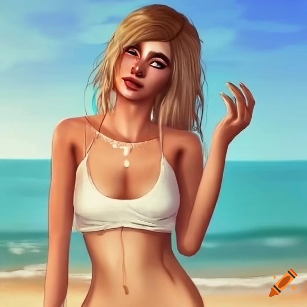 Boho woman enjoying the beach in a Sims-like style