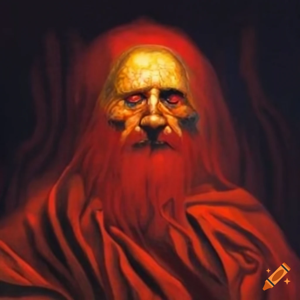 Highly detailed red, black, and orange pilgrim monk with wand and book