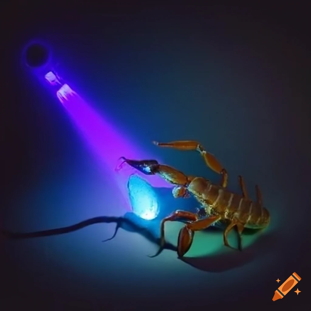 Scorpion illuminated by UV light at night with a visible hand