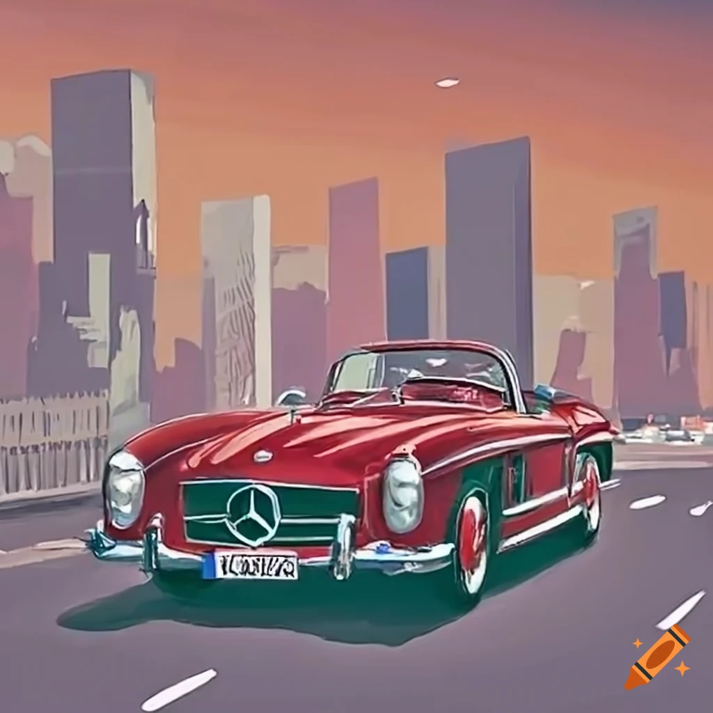 1958 Mercedes Benz 300SL Roadster driving on a city road with spectators, inspired by Janzel Medina