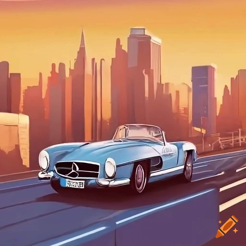 Vintage 1958 Mercedes Benz 300SL roadster driving through city road with spectators